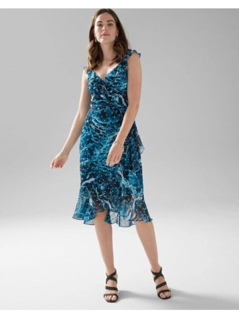 White House Black Market Teal Blue Chiffon Ruffle Dress with Tie Size 4 Summer